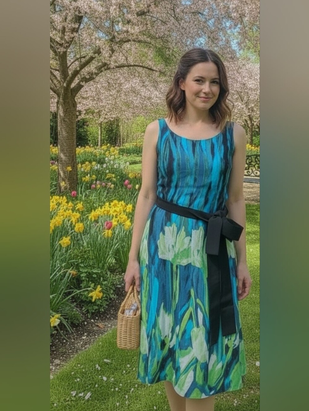 Sleeveless Bellisima Blue Floral A-Line Dress with Black Waist Tie And Zip Back